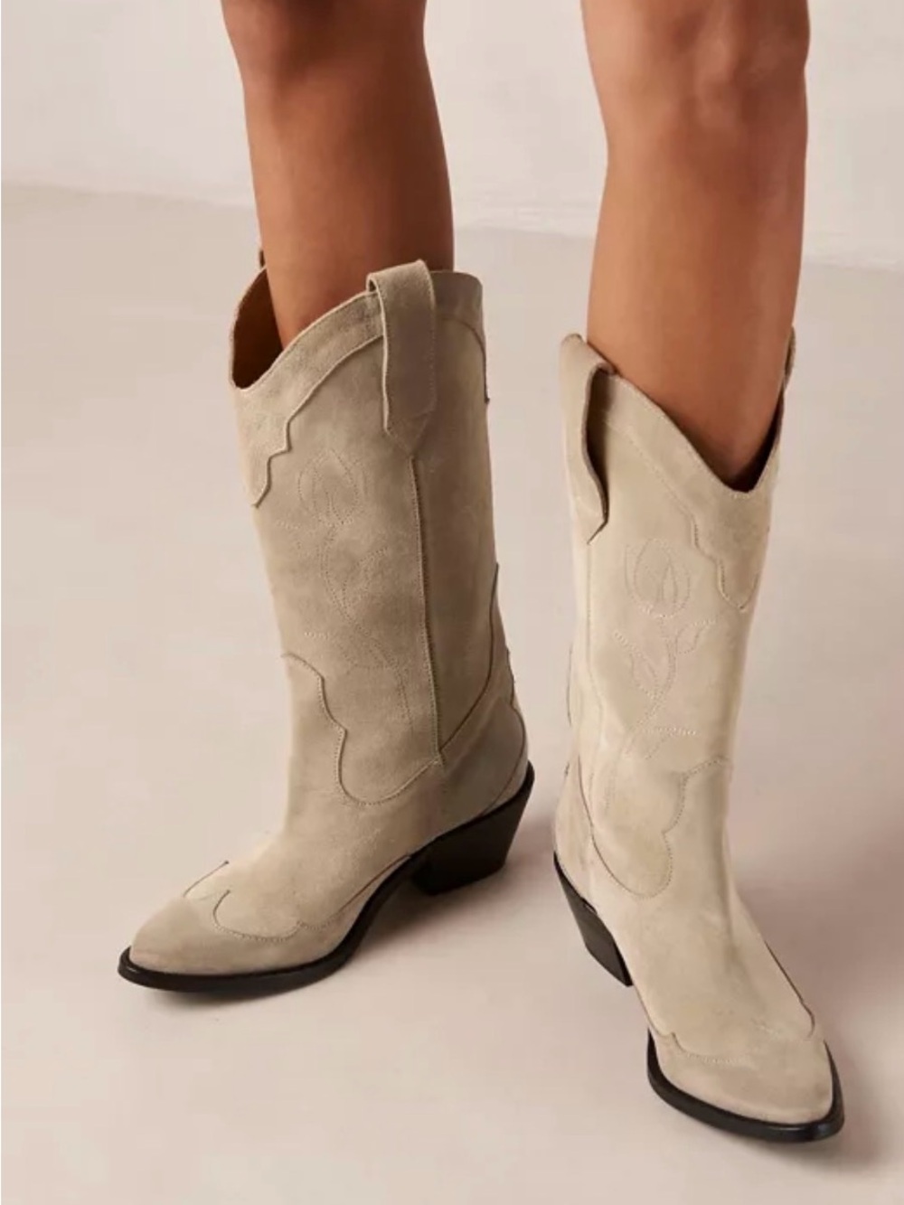 ALOHAS Women's Cream Suede Western Knee-High Boots